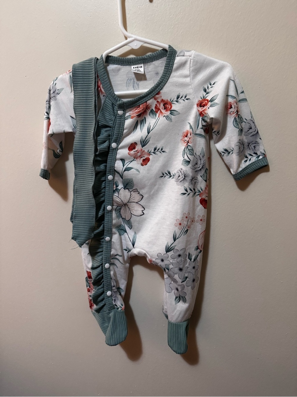 SHEIN White Floral One-Piece with Green Trim